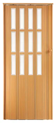 A closed wooden folding door with glass panels, presented against a white background.