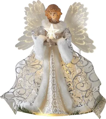 A white angel tree topper with a star.