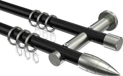 Produktbild von Interdeco Gardinenstange / Vorhangstange Schwarz / Edelstahl-Optik, Typ Platon Samanto (Rillenpatrone), 20 mm Ø 2-läufig, 600 cm