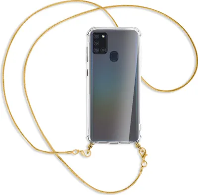 Produktbild von Handykette Backcover-Schutzhülle mit Band (Metall goldfarben) für Samsung Galaxy A21s - goldfarbene Kette Snake