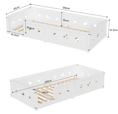 Obrázek produktu pro Dětská postel Montessori – podlahová postel 90 x 200 cm – s ochranou proti vypadnutí – s roštovou konstrukcí – nízká postel pro mládež – masivní borové dřevo – bílá barva