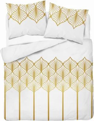 A white duvet cover and two pillowcases with a gold art deco pattern.