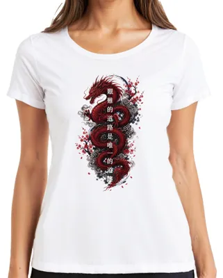 Produktbild von 艱難的道路是唯一的道路 Roter Drache Kirschblüte Japanisch Japan Y2K Tattoo Damen T-Shirt, Weiß, XXL
