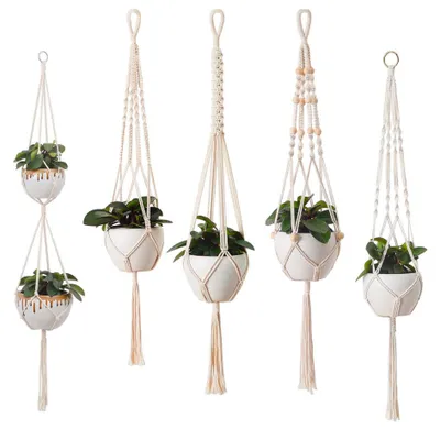 Produktbild von Makramee-Hängekorb Set 5 Stück, Baumwollseil, Boho Blumentopfhalter Für Innen Und Außen