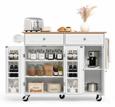 Image de Îlot de cuisine mobile VEVOR avec 2 tiroirs et 4 portes, blanc. Chariot de cuisine avec porte-épices, plan de travail escamotable (1060 x 400 x 15 mm) et étagères réglables pour la salle à manger