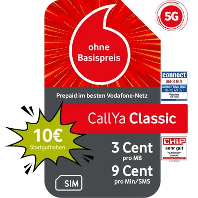 Produktbild von Vodafone Prepaid CallYa Classic | 10 EUR Guthaben | ohne Vertrag | 5G | 9 Ct. pro Min/SMS | EU-Roaming | weltweit nutzbar