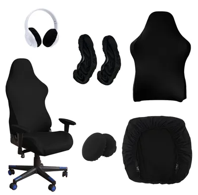 Produktbild von 6-teiliges Set Gaming-Stuhlbezüge, dehnbar, abnehmbar, schwarz, waschbar, mit Armlehnen und Kopfhörerbezug für Computerstühle, Gaming-Stühle, Drehstühle
