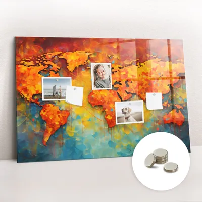 Obrázok produktu pre Magnetická tabuľa na stenu - Memo Tabuľa Sklenená - vrátane 5 magnetov - 90x60 cm - Dekoratívna mapa sveta