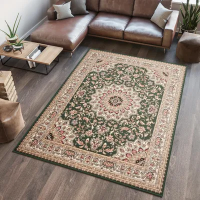 A living room scene with a sectional sofa, coffee table, and a rug.