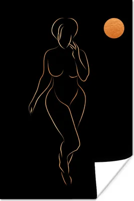 Produktbild von MuchoWow® Poster Frau - Mond - Schwarz und Gold - Strichzeichnung 80x120 cm - Papierdruck