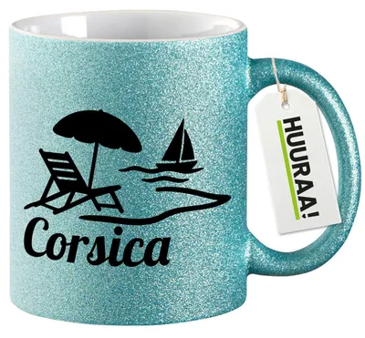 Produktbild von Huuraa Glitzertasse Corsica Frankreich 330ml Blau Keramik Kaffeebecher Geschenkidee
