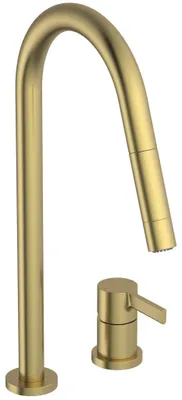 Immagine prodotto di Miscelatore monocomando per lavello da cucina con due fori, erogatore alto con doccetta estraibile e girevole, finitura oro spazzolato