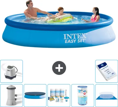 Produktbild von Intex runder aufblasbarer Easy Set-Schwimmpool – 366 x 76 cm – Blau – inklusive Pumpe Abdeckung - Wartungspaket - Filter - Bodenplane - Salzwassersystem - Poolsalz