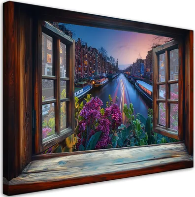 Produktbild von Leinwandbild Blick aus dem Fenster Amsterdam Stadt Architektur 90x60 Feeby Braun bild für die wand bereit zum aufhängen
