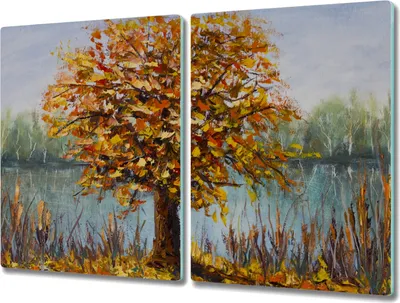 Produktbild von Coloray Herdabdeckplatte 2x40x52 cm Schneidebrett Kochplattenabdeckung Küchenbrett Hackbrett - See Baum Blätter im Herbst