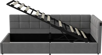 Produktbild von Polster-Kinderbett - Jugendbett 90x200 cm - LED-Beleuchtung - USB-Anschlüsse - Hydraulischer Stauraum - Samtbezug - Holzrahmen - Weiß