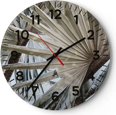 Produktbild von Wanduhr - Rund - Glasuhr - Blatt Palme Natur - 30x30cm - Schleichendes Uhrwerk - Lautlos - zum Aufhängen bereit - Dekoration Modern - Wanddekoration aus Glas - C4AR30x30-5056