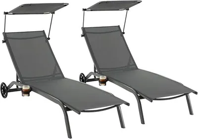 Immagine prodotto di Set di 2 sdraio con ruote, tettuccio e portabicchieri, sedia da giardino con schienale regolabile, ideale per terrazza, lettino prendisole, sedia a rotelle per giardino e terrazza, colore grigio