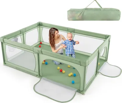 Produktbild von COSTWAY Baby-Laufstall, Spielgitter für Kleinkinder mit Seitentasche & 50 Spielbällen, 206×147×68,5 cm Grün