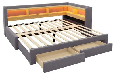 Zdjęcie produktu dla Łóżko jednoosobowe w kształcie litery L - rozkładana sofa 90x200 cm - możliwość rozłożenia do 180x200 cm - 3 w 1 - pojemnik na pościel - aksamit - ciemnoszary
