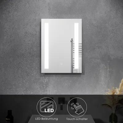 Obrázek produktu pro SUNXURY Koupelnové nástěnné zrcadlo s dotykovým spínačem studená bílá IP44 energeticky úsporné koupelnové zrcadlo s LED osvětlením 45 x 60 cm