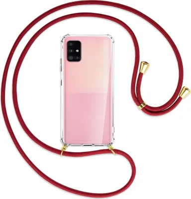 Produktbild von Handykette Backcover-Schutzhülle mit Band (Metall goldfarben) für Samsung Galaxy A51 5G (A516) - dunkelrot