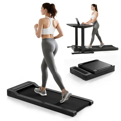 Collage of a woman using a treadmill and a foldable treadmill.
