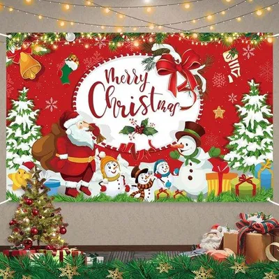 Produktbild von Famanu Weihnachtsbanner große rote Weihnachtsdekoration mit Weihnachtsmann, Schneemann, Weihnachtsbaum - 185 x 110 cm