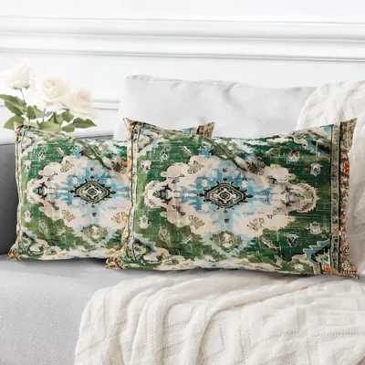 Produktbild von Set mit 2 Boho-Kissenbezügen (40 x 60 cm), dekorative Vintage-Kissenbezüge im Boho-Stil mit verdecktem Reißverschluss – grün