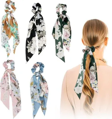 Produktbild von Famanu Scrunchies Satin mit Schleife 5 Stück, Blumenmuster Haargummis für Damen