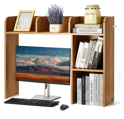 Image de Bureau, étagère, organisateur à 2 niveaux, dimensions 94,5 x 24,1 x 73,4 cm, couleur bois, fabriqué en panneaux de particules