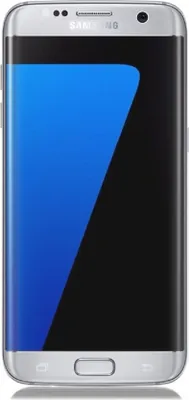 A front view of a Samsung Galaxy S7 Edge smartphone with a blue screen.
