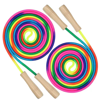 Produktbild von Springseil Für Kinder Mit Holzgriffen, Verstellbar 2,1–2,7 M, Bunt Geflochtenes Nylonseil
