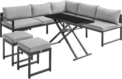 Image de Salon de jardin aluminium, 7 places, coussins, table basse réglable, Hipu, Gris