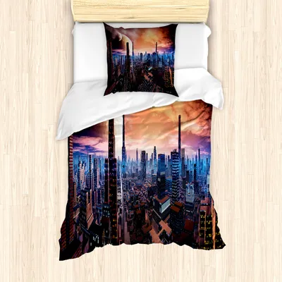 Produktbild von ABAKUHAUS Stadt Mantele, Futuristisch entfernte Welt, Milbensicher Allergiker geeignet mit Kissenbezügen, 135 cm x 200 cm - 80 x 80 cm, Orange Blue Cinnamon