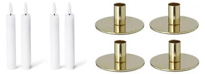 Produktbild von Novaliv 4er-Set Stabkerzenhalter Metall GOLD 10x5cm mit LED Kerzen flammenlose Stabkerzen elektrisch batteriebetrieben Home Deko weihnachtliche Tischdeko Kerzenständer Kerzenhalter Dekoschale