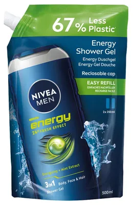 Image de Douche de Soin Energy Refill 500 ml NIVEA MEN, Gel Douche, 500 ml, Adultes, Hommes, Corps & Visage & Cheveux, Tout type de peau