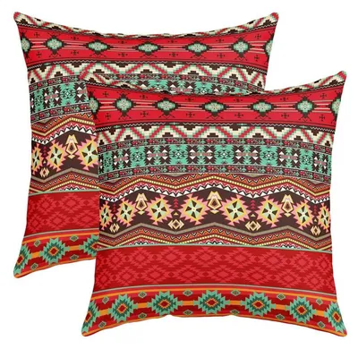 Obrázek produktu pro Povlaky na polštáře 50x50 cm, geometrický design, boho, etnický motiv, 2 kusy, červená, zelená, oranžová, polyester