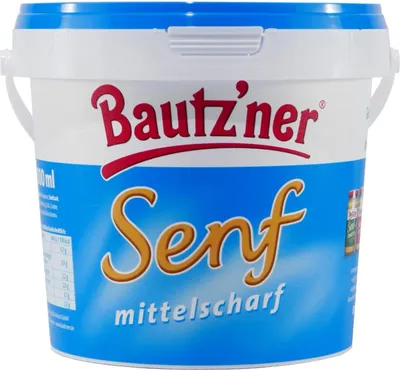 A large tub of Bautzner Senf (mustard) with its label.