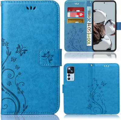 A collage of images showing a blue flip phone case with a floral and butterfly design, featuring card slots and a stand function, and also showing a phone inside the case.