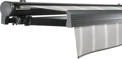 Produktbild von SOLUNA Halbkassettenmarkise Comfort 5x3 Dessin D418 Gestell DB703 dunkelgrau Antrieb links inkl. Motor und Wandschalter