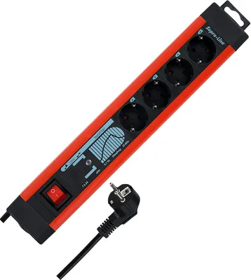 Immagine prodotto di Presa di corrente REV con ÜSS + filtro di rete, rosso/grigio, 4 vie, 4x contatti di terra, con interruttore, cavo di alimentazione da 2,5 m