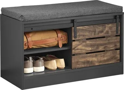 Image de Étagère à chaussures avec banc, porte coulissante, espace de rangement, 80 x 48 x 35 cm, en bois