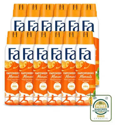 Imagen del producto de 12 aerosoles desodorantes Fa "Empowering Moments", 150 ml, pack de 12 unidades