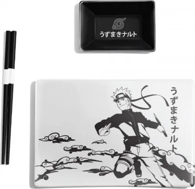 A Naruto-themed sushi set including a rectangular plate, a small dipping dish, and chopsticks, all presented on a white background.