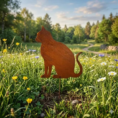 Produktbild von Beetstecker Katze – sitzend, in Rostoptik