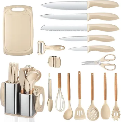 Produktbild von PolkaHome® Küchenmesserset 18-teilig mit Messerblock – 5 Küchenmesser und 7 Silikon-Küchenutensilien, Khaki