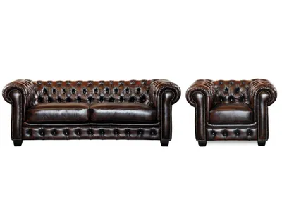 Produktbild von Chesterfield 3+1BRENTON Sitzgarnitur 100% Büffelleder - Farbe: braun mit kastanienbraunen Akzenten