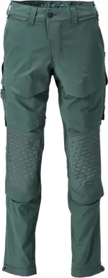 A pair of green work pants with reinforced knees and multiple pockets, shown against a white background.