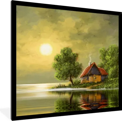 Produktbild von MuchoWow® Gerahmtes Poster Gemälde - Ölfarbe - Haus - Natur - Wasser 40x40 cm - Poster mit Schwarzem Bilderrahmen Wandposter Rahmen Foto Bilder - Mit Rahmen - Wanddekoration Schlafzimmer